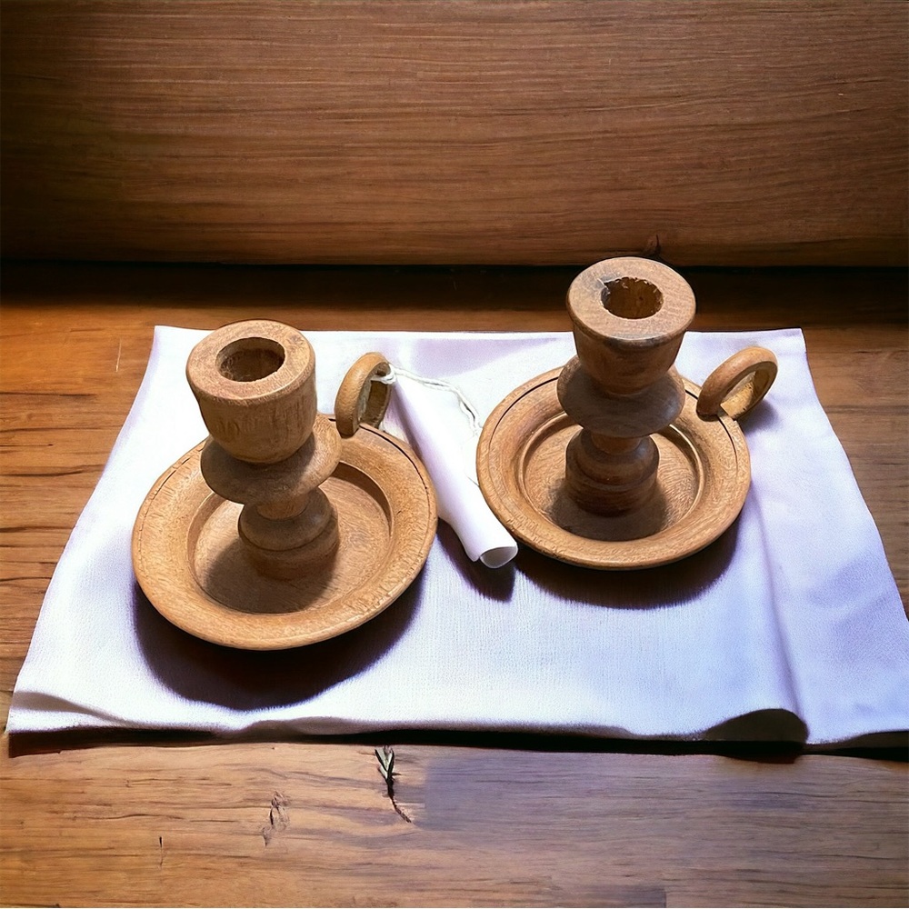Set of two Wooden candle holder with a handles